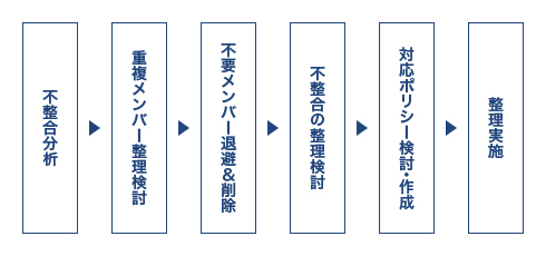 不整合分析、重複メンバー整理検討、不要メンバー退避＆削除、不整合の整理検討、対応ポリシー検討・作成、整理実施