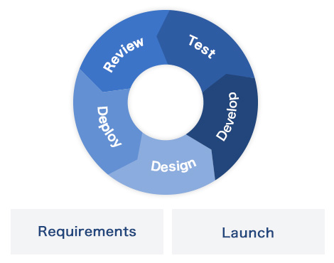 Design→Develop→Test→Review→Deploy Requirements Launch